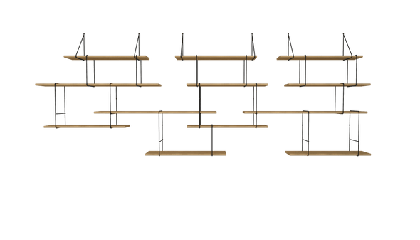 hanging shelf composed of 3 long oak wood planks, 9 small oak wood planks held together by 15 black steel bracket on white background