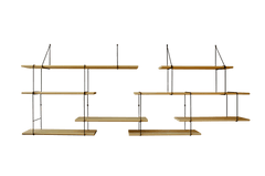 hanging shelf composed of two long oak wood planks, 6 small oak wood planks held together by 13 black steel bracket