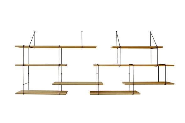 hanging shelf composed of two long oak wood planks, 6 small oak wood planks held together by 13 black steel bracket