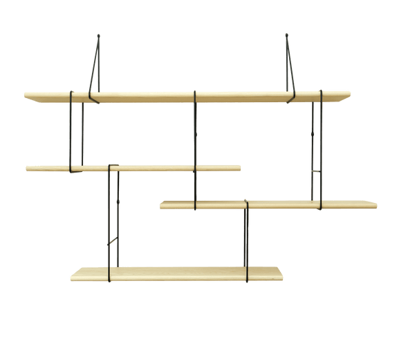 hanging shelf composed of one long ash wood planks, 3 small ash wood planks held together by 6 black steel bracket on white background