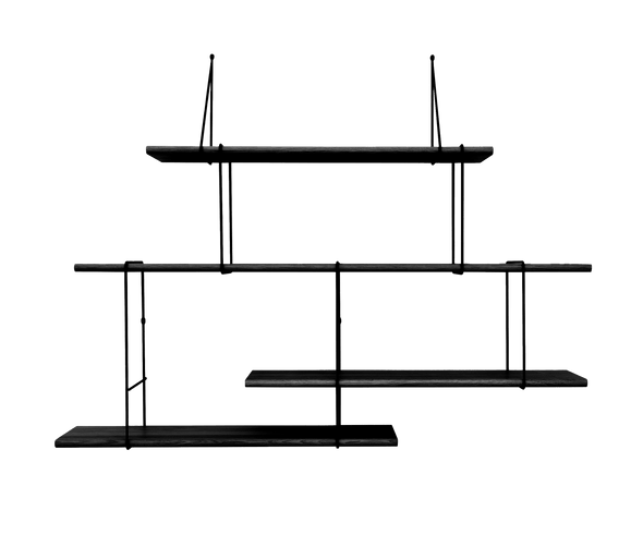 hanging shelf composed of one long ash wood planks lacqured in black, 3 small ash wood planks lacqured in black held together by 6 black steel bracket on white background