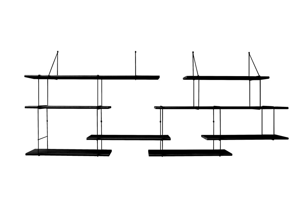 hanging shelf composed of two long ash wood planks lacqured in black, 6 small ash wood planks lacquered in black held together by 13 black steel bracket