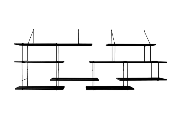 hanging shelf composed of two long ash wood planks lacqured in black, 6 small ash wood planks lacquered in black held together by 13 black steel bracket
