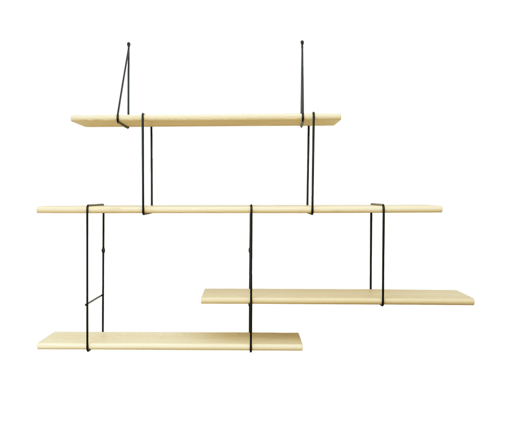 hanging shelf composed of one long ash wood planks, 3 small ash wood planks held together by 6 black steel bracket on white background