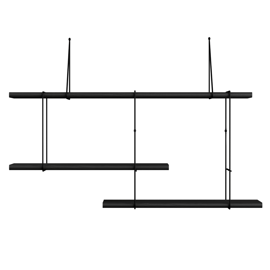 hanging shelf composed of 1 long beech wood plank and 2 small beech planks lacqured in black color held together by black painted steel bracket on a white background