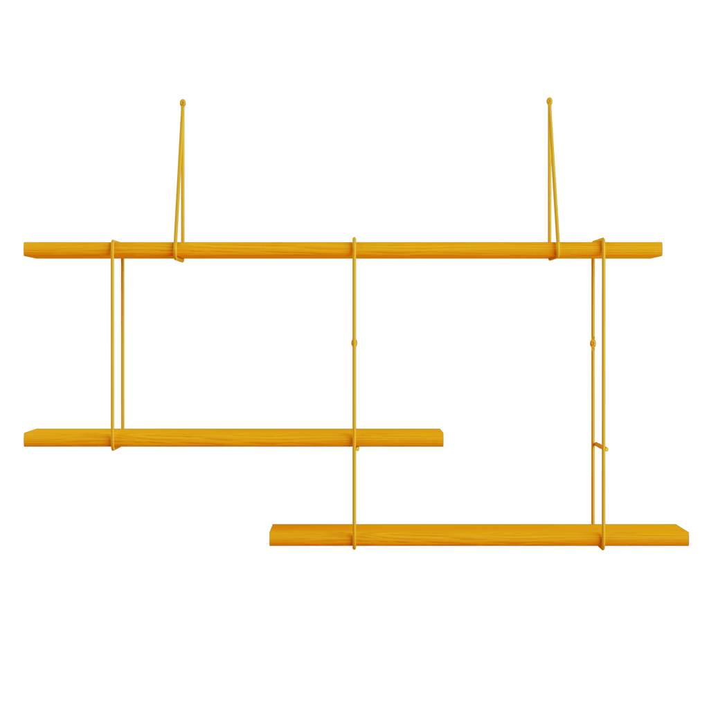 hanging shelf composed of 1 long beech wood plank and 2 small beech planks lacqured in yellow curry color held together by yellow curry painted steel bracket on a white background