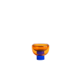 semi-transparent deep blue cylinder glass base holding a semi-transparent orange moon shape glass forming a bowl on a white background